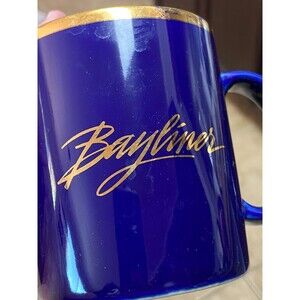 Vintage BAYLINER Boats Blue & Gold Lake Ceramic Coffee Mug RARE